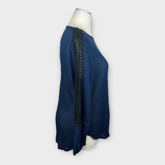 Soft Surroundings Bailey Waffle Knit Dark Blue Thermal Crochet Top Petite Large - Picture 3 of 10